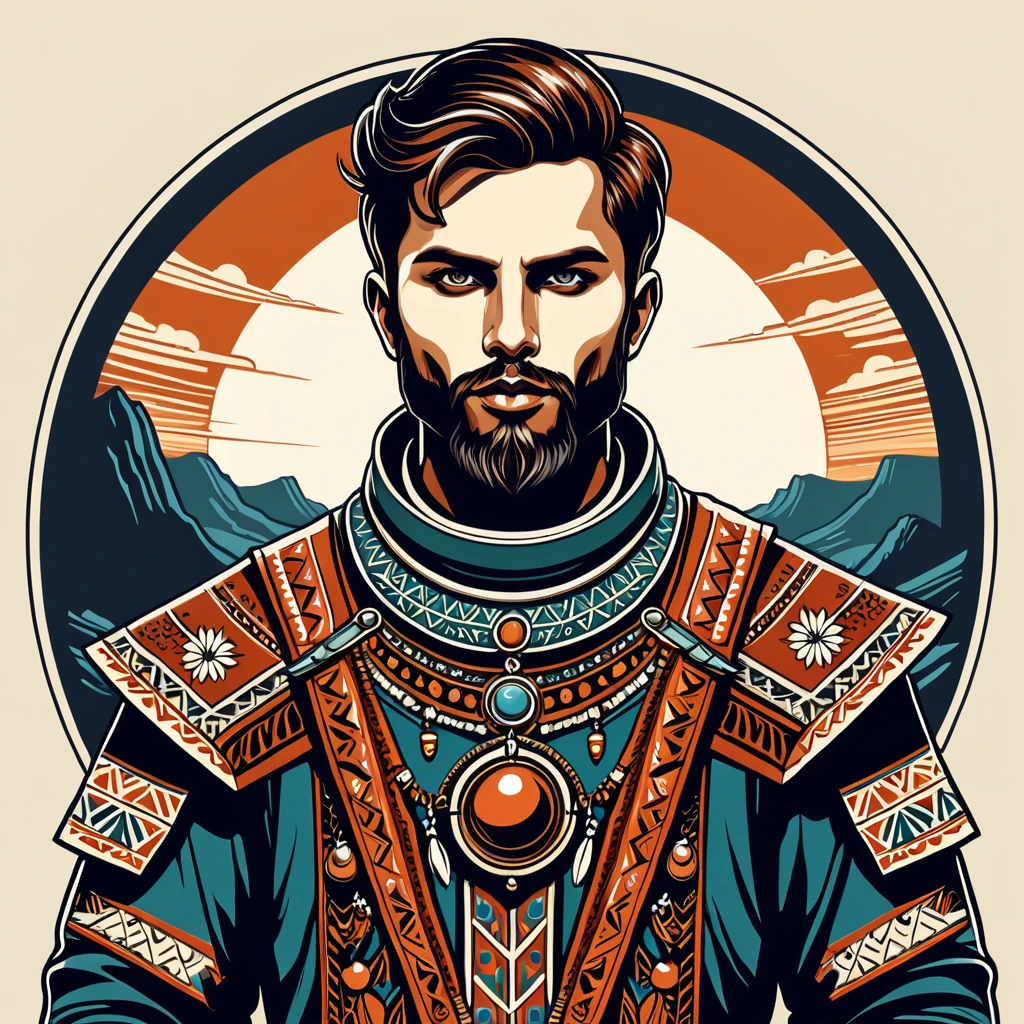 man in folk outfit from another planet, vector graphics, strong contours