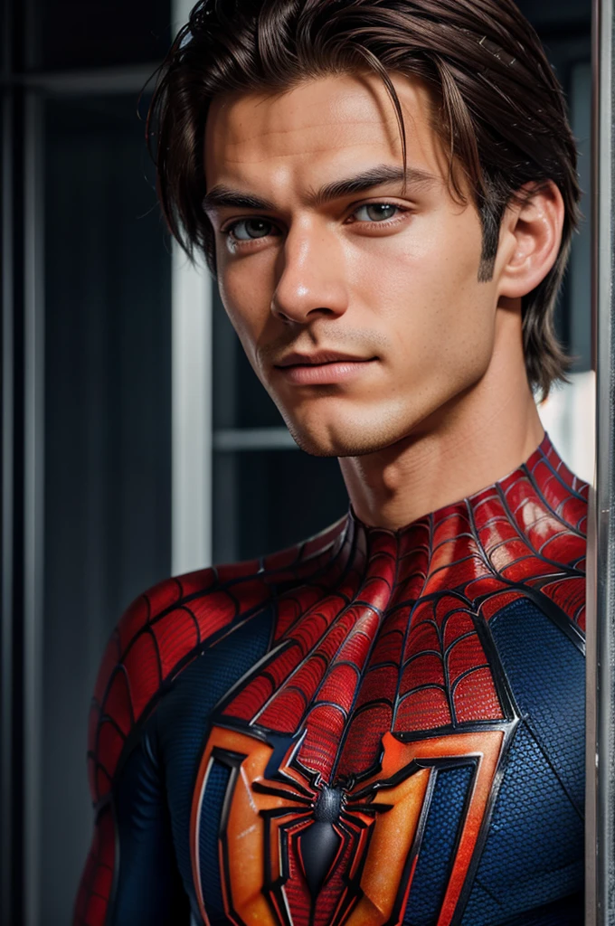 A photograph of spider man, no mask, 20 yo, handsome, detailed face, looking at camera, portrait, 8k uhd, high quality