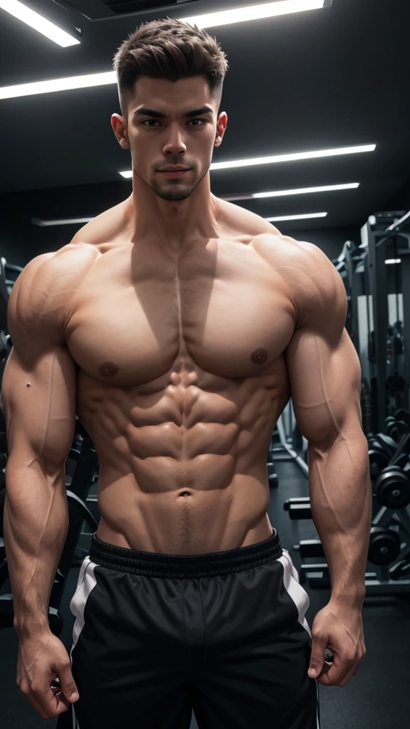 Create a thumbnail image showing the impressive transformation of a slim man showing off his lean, under-muscled chest in a modern gym environment with LED lighting