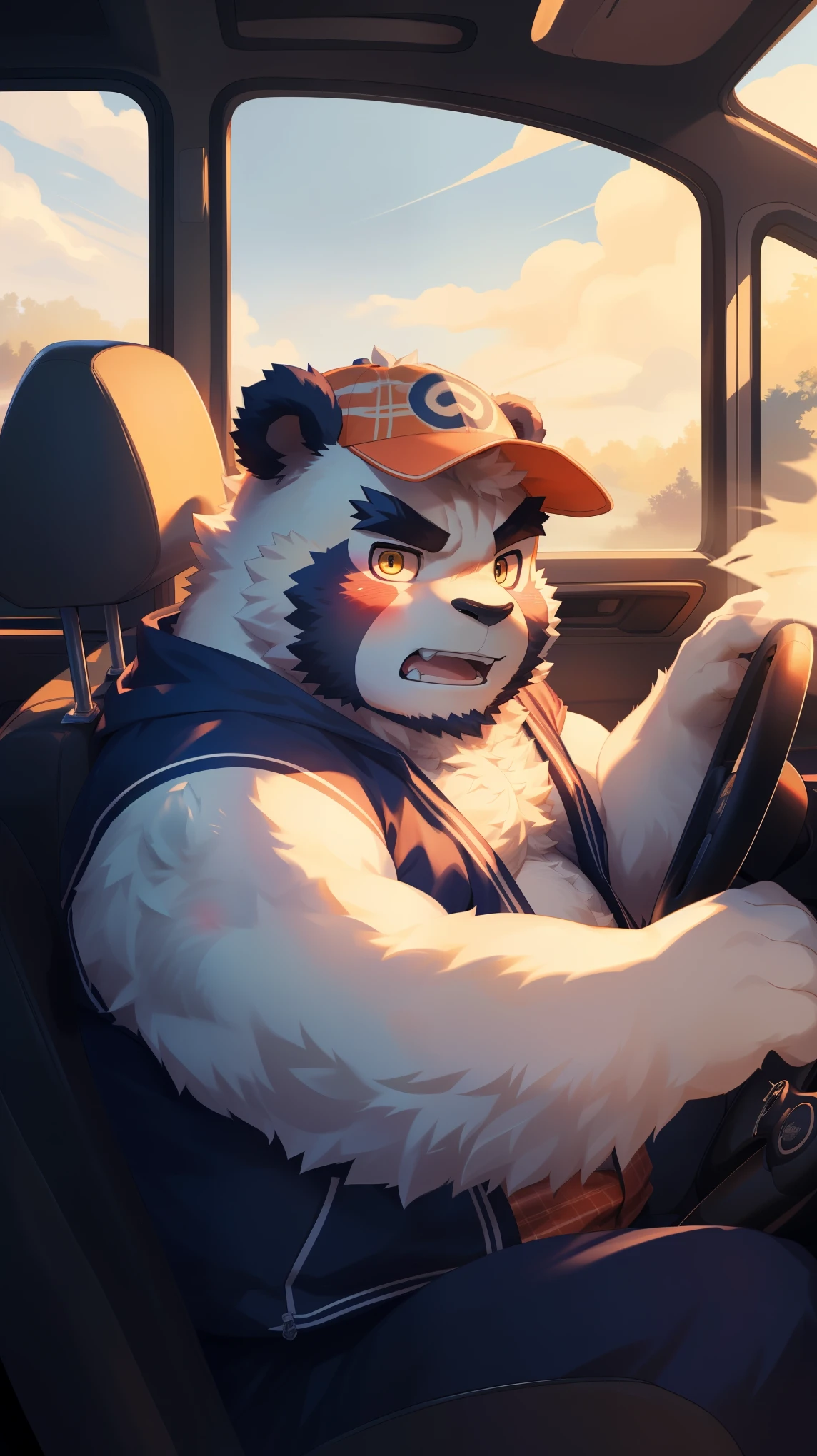(Vision:1.5), solitary, anthropology, hairy, hairy male, Giant Panda, ((Fluffy fur, Fluffy, hairy body)), (panda print), (Thick eyebrows), youth, muscular, Golden pupils, Detailed teeth, defaced face, fundos, driver, Orange Plaid Hoodie, Baseball cap, cab里, Driving, sideways, Serious expression, blush, (Dynamic poses:1.5), Clear facial features, Strong, majestic, alone, panoramic, Fog atmosphere, early morning, Tyndall Light Effect, cab, Sunlight through the car window, (By Empty Ghost, From panda20, masterpiece, high quality, high resolution,8K)