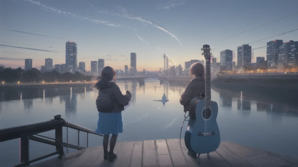 Acoustic guitar,真っ暗なnight空,Octane, star (null), scenery, Blue parakeet,Acoustic guitarは身体の前,star, night, Girl, Back view, Outdoor, city,river,Blue parakeet,building, cloud, 天のriver,silhouette