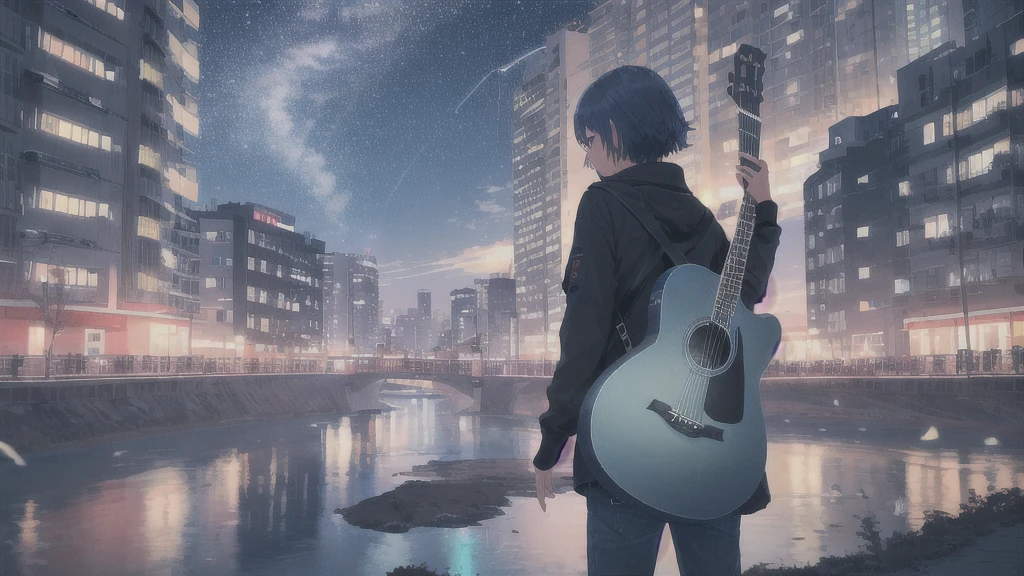 Acoustic guitar,真っ暗なnight空,Octane, star (null), scenery, Blue parakeet,Acoustic guitarは身体の前,star, night, Girl, Back view, Outdoor, city,river,Blue parakeet,building, cloud, 天のriver,silhouette
