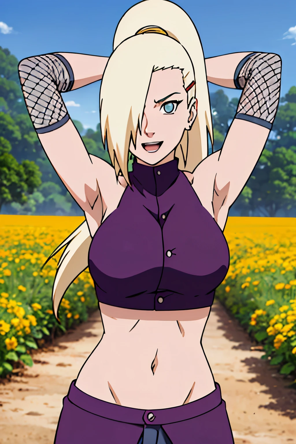 (arms up), Ino yamanaka, looking at the viewer, gorgeous, attractive, groin, cowboy shot, ultra detailed face, sunny day, day time, upper body view, anime style, solo, detailed flower field, blonde, (focus on face), ((one eye covered with hair, hair over eye)), medium breasts, belly button, looking at the viewer, thick arms, (off-shoulders, wide shoulders, curving body), hidden eye, smile, open mouth, very happy, tall, hair clip, sharp look, sharp face, sharp eye, cold colors,
