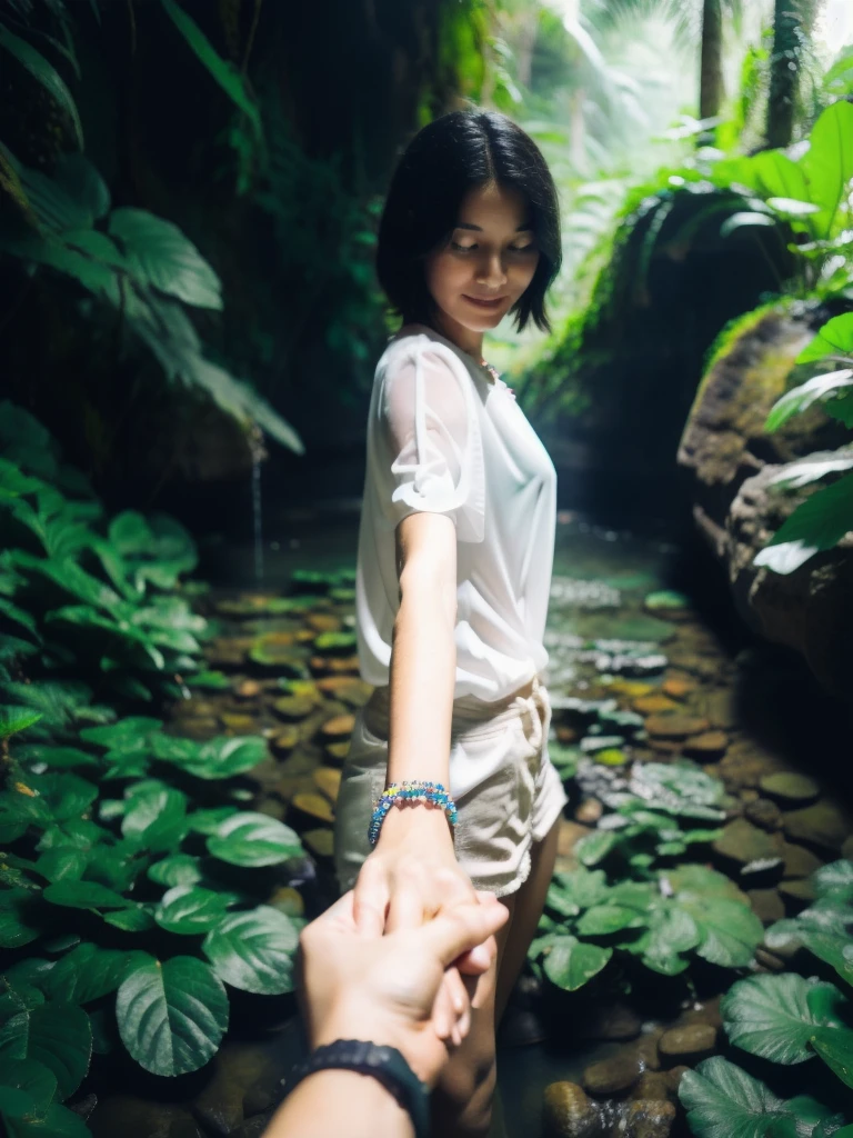 bf_holding_hands,  walking in waterfall in dense jungle with botomless girls, rainbow, 
detailed,8k, detailed shadow, 1 botomless girl, short hair, black hair, white transparent tight shirt, jewelry ,(masterpiece,best quality),
