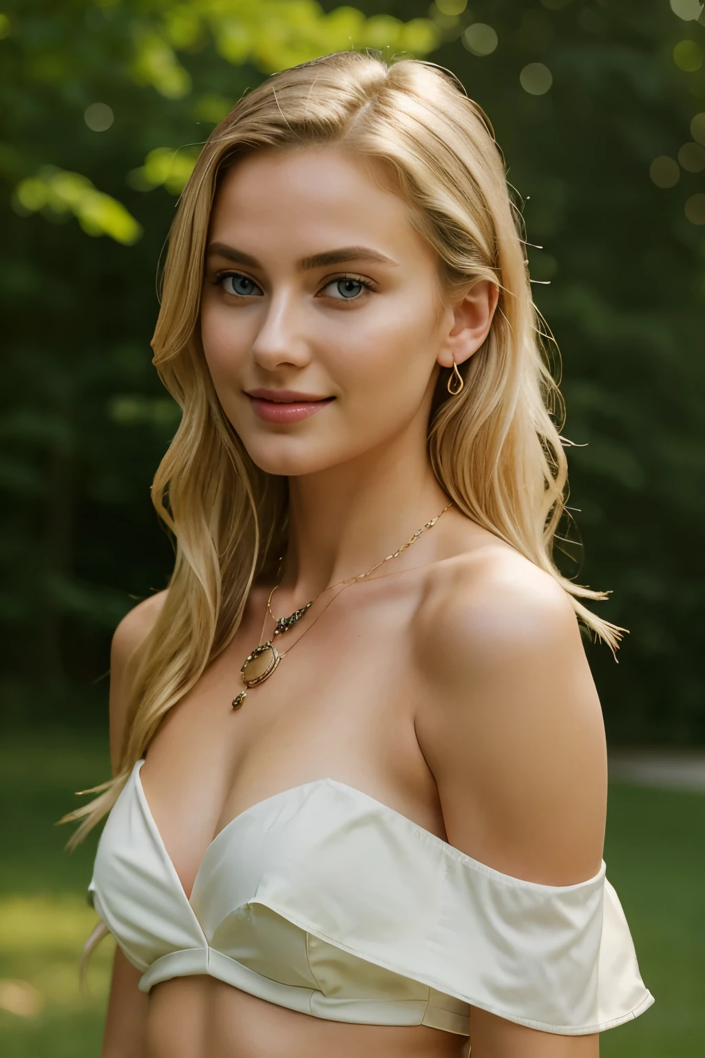 (In 8K, Raw-Photo, best quality, masterpiece:1.2), 1 girl, 19 years old, only, tallish medium height, stunningly beautiful, blonde hair, cascading down her back, bare shoulders exposed, showcasing her toned physique, deep-set brown eyes filled with curiosity, radiant jewelry adorning her neck, displaying an off-shoulder outfit, revealing a chic necklace, her lips naturally full and realistic, her perfect nose accentuating her flawless face, free of any acne, flirting with the camera with a seductive smile, projecting an aura of confidence and allure, outdoor setting,