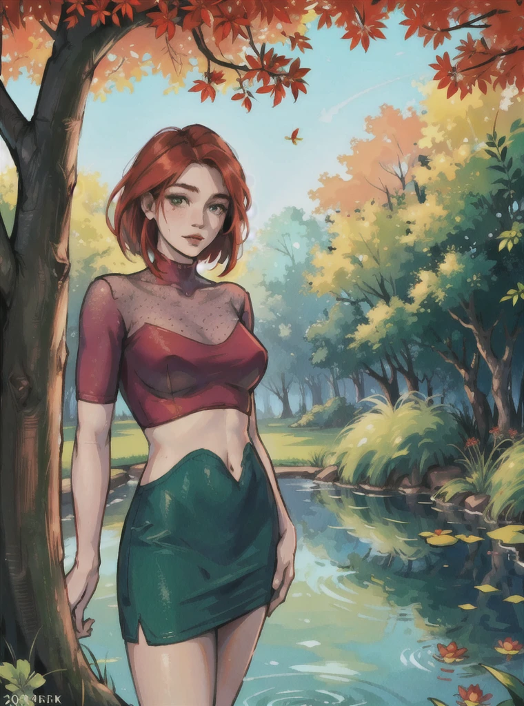 A beautiful red-haired girl of 21 years old and her -yeld brer, playing in a lush garden by a serene pond, 1girl,1boy,red hair,freckles,green eyes,beautiful detailed face,detailed hands,detailed clothing,green grass field,pond,lotus flowers,ducks,butterflies,sunlight filtering through trees,warm color palette,cinematic lighting,photorealistic,8k,highly detailed,masterpiece