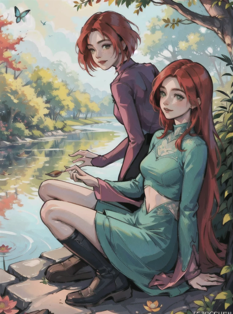 A beautiful red-haired girl of 21 years old and her -yeld brer, playing in a lush garden by a serene pond, 1girl,1boy,red hair,freckles,green eyes,beautiful detailed face,detailed hands,detailed clothing,green grass field,pond,lotus flowers,ducks,butterflies,sunlight filtering through trees,warm color palette,cinematic lighting,photorealistic,8k,highly detailed,masterpiece