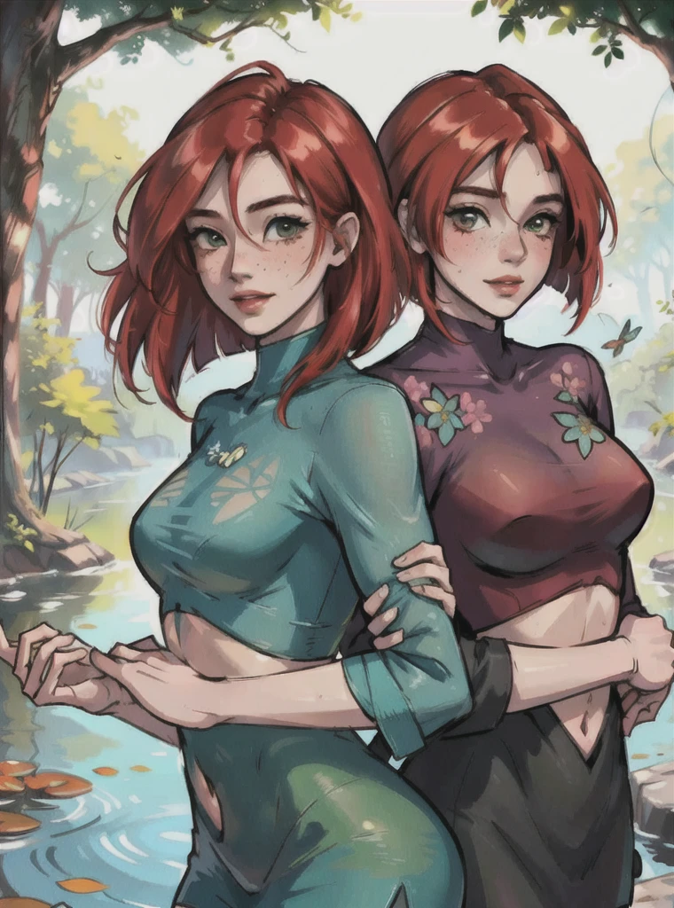 A beautiful red-haired girl of 21 years old and her -yeld brer, playing in a lush garden by a serene pond, 1girl,1boy,red hair,freckles,green eyes,beautiful detailed face,detailed hands,detailed clothing,green grass field,pond,lotus flowers,ducks,butterflies,sunlight filtering through trees,warm color palette,cinematic lighting,photorealistic,8k,highly detailed,masterpiece