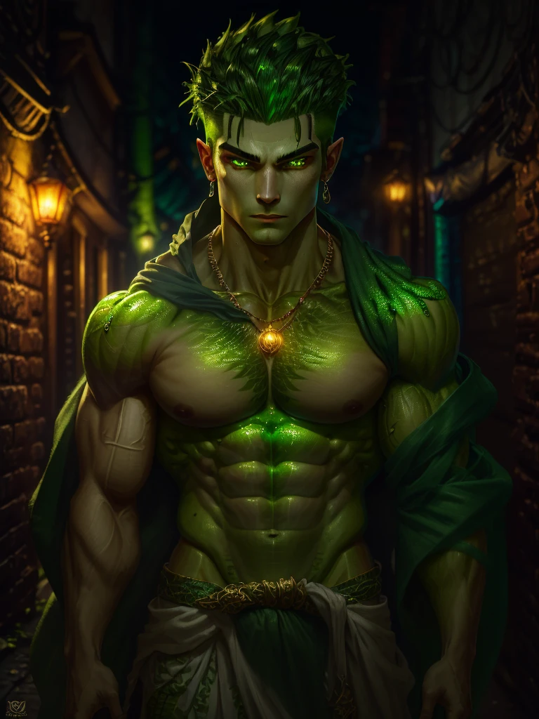 Trends on ArtStation, Clear focus, studio photo, Complicated details, The is very detailed, Detailed eyes, illustratio, The is very detailed, Clear focus, A digital rendering, professinal, 4K (((intricate design))) (((top quality))) (((16K))) (((High Definition))) 16K splash art (((photorealistic))) high-res, ultra sharp, (((masterpiece))), the best quality, expressive eyes, perfect face, mesmerising eyes, perfectly detailed anatomy (((Volumetric lighting))) (((natural lights))) (((SUNNY))) (((1Male))) (((Bodybuilder))), (((muscular))), (((hyper pecs))) there is a sexy mature man with green paint on his body, slick shaved sides hairstyle, ((thighs)) bodily fluids, round butt, green coloured skin, gay, green skin! (((green coloured skin!!))), (((green skin))). (((green-skinned))), ((( off the shoulder elegant robes))) ((green skin with scales)), ((green skin)), windy, (((in a city))), (((greenish skin))) plantation on the male body, fluorescent green skin, radiant orange eyes, windy, leaves falling (((a powerful nature deity))), elf ears, druid magic, cell-shaded adult animation, green gem necklace, hot reptile muscular humanoid man, scales, muscular green body. Glowing veins, nature spirit, long sash, (((in a dark alleyway))) heroic pose, confident expression, green nature magic,