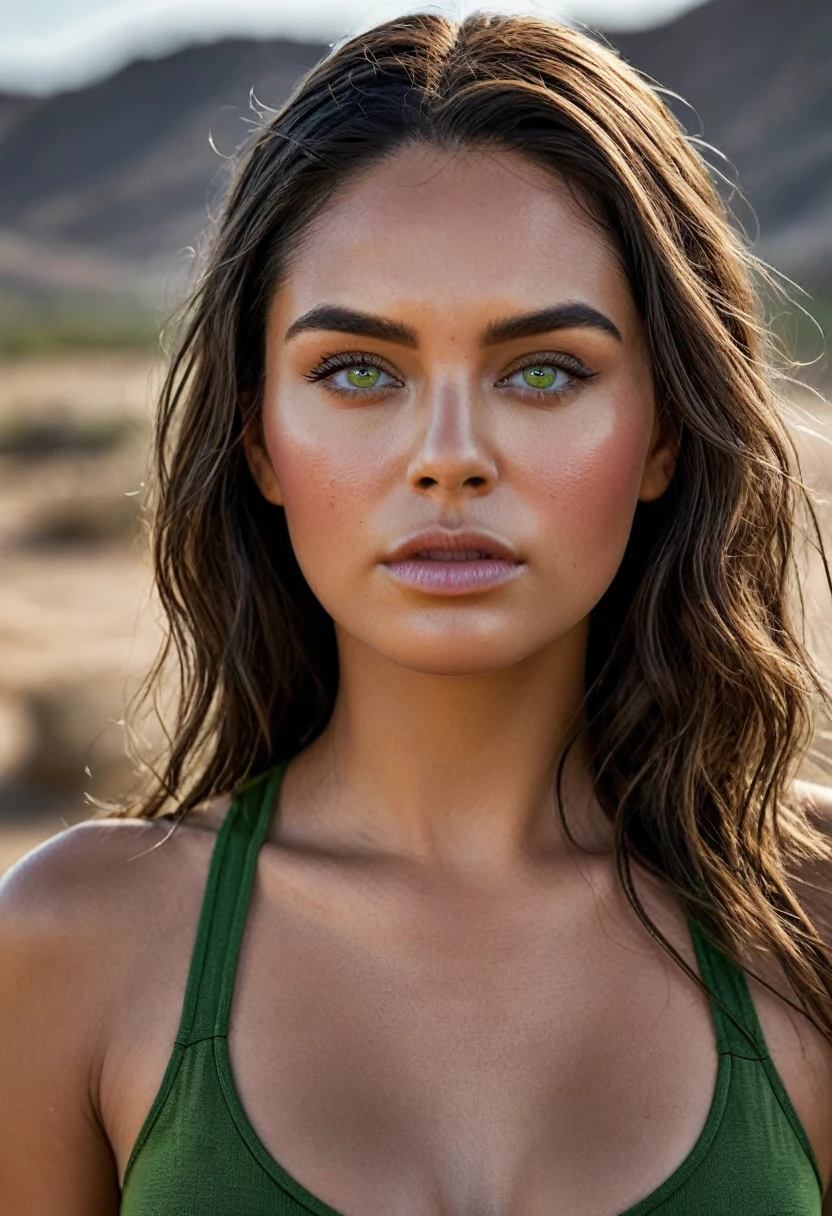 RAW photo, A woman in a crop top and a black blouse, perfect face, fine details, realistic shading, fierce expression, sweat on her face, 1 hyper-realistic real photo, frontal close-up, Completely Arafed woman with green eyes, head held high. of a strong, muscular woman, determined expression, fierce look, athletic build, confident pose, beautiful young black woman of 25 years old with voluminous dark skin with highlights, green eyes, beautiful green eyes, realistic and detailed, symmetrical, hyper-realistic green eyes (eyeliner, long and perfect choices, the nose is small and proportional to the face and the soft contour of the face that accentuates the high cheekbones, protective and defined lips, full lips, voluminous lips). The face is oval, with high cheekbones and a well-defined chin, a beautiful and detailed face. Skin tone: Olive skin, healthy and evenly glowing, with olive skin, specific skin texture, beautiful and shiny skin, intricate details, smooth skin, healthy and radiant appearance. Hourglass body, voluptuous body, slender woman, perfect body, a brunette goddess. 50mm lens, f/2.8, hdr, RAW photo (8K), high quality resolution 8K uhd, dslr, 2k, 4K, 8K, 16K. photographic photo photography, 800 for Kodak door, 35mm photography, film, bokeh, professional, 4K, highly detailed, an intimidating look, looking in front of the camera, look straight ahead, anger in her eyes, look of revenge on her face, a burning kingdom in the background, and blood smeared on his face, professional post-apocalyptic style photo set, incredibly detailed, intricate wasteland landscape background, (((Artwork))), maximum quality, 8K, Ultra high resolution, High contrast, Low saturation, (realistic:1.4), )), cyberpunk street clothing, grunge style, textured, distressed, edgy, dirty, noisy, street, point of view, face. Hyperrealistic sandy 8k 18+ dirty beautiful epic high resolution composition
