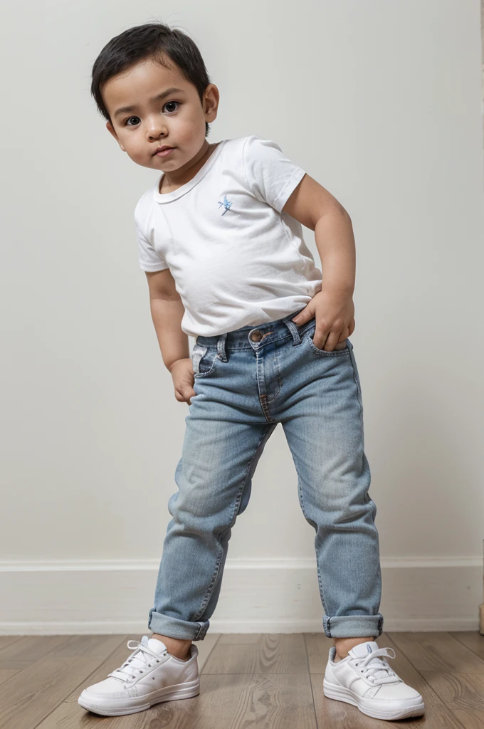 Photo caricature 4D realistic, big head, full body,one person, boy with Indonesian face, 1 yearan face, round face,the body is quite chubby,buzzcut black hair,wearing a white short-sleeved shirt rolled up, light blue distressed jeans,Jordan shoes ,white socks,standing while facing the front, UHD Quality gray gradient white background+ very detail
