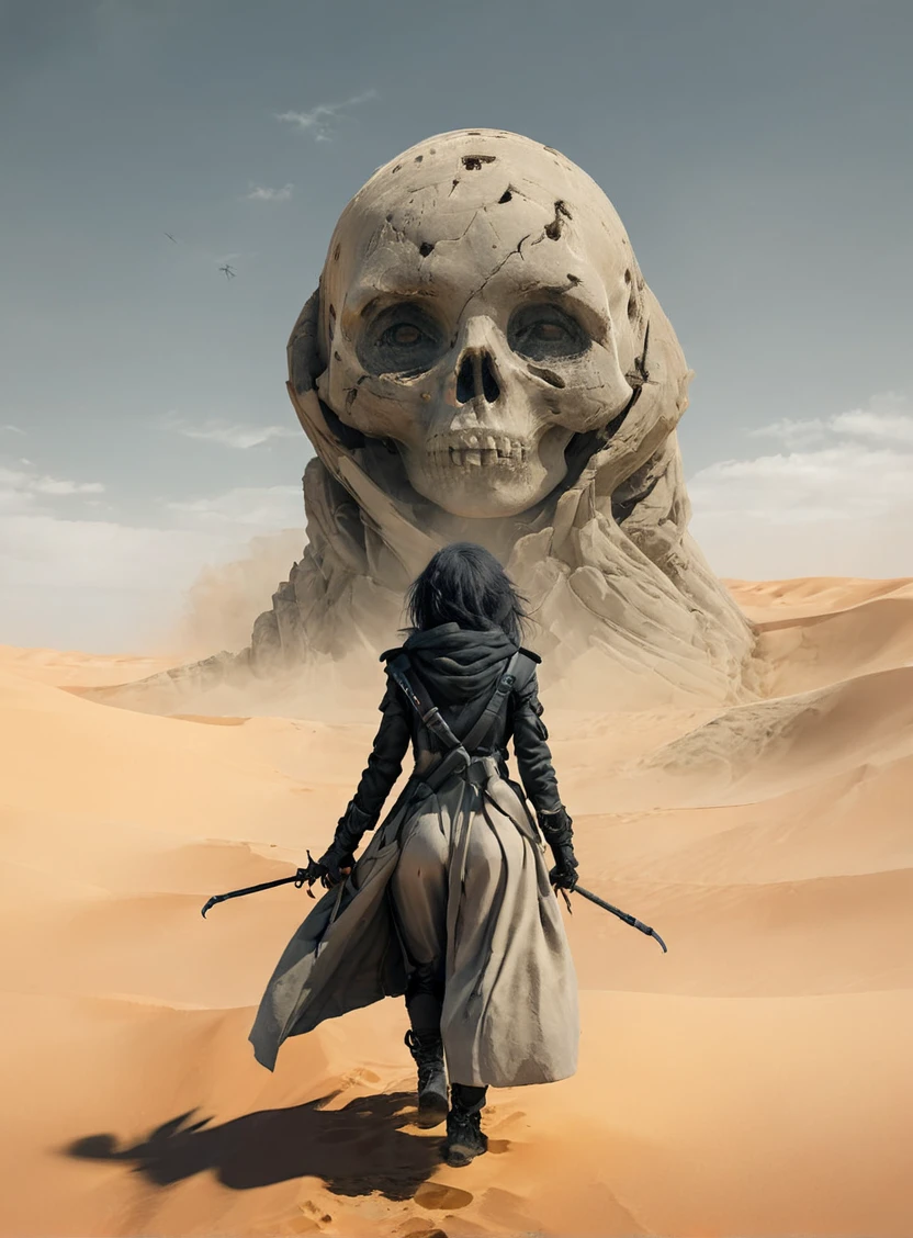 a woman in a long coat walking across a desert, facing the camera, with a giant worn head in the background , concept art, fantasy art 