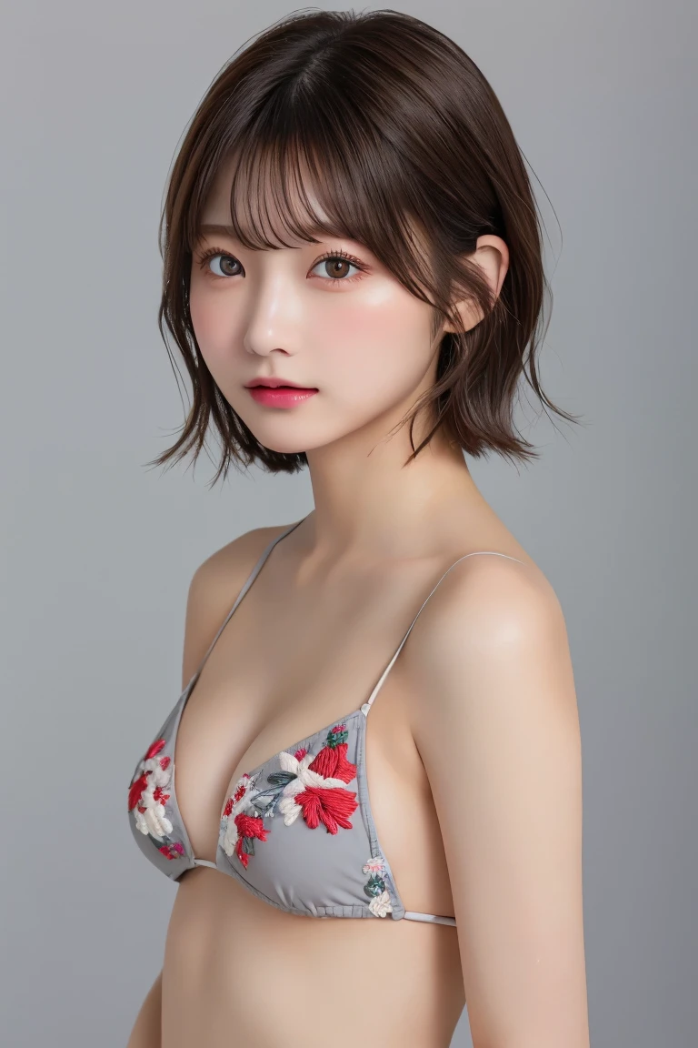 (8K.Highest quality), (beautiful)、Very delicate eyes、Brown eyes、22-year-old female、Brown Hair、looking at the camera、Semi-short hair、Gal、Soft boobs、Upper Body、Floral embroidered micro bikini、Natural lips、Gray background、Turn your body forward