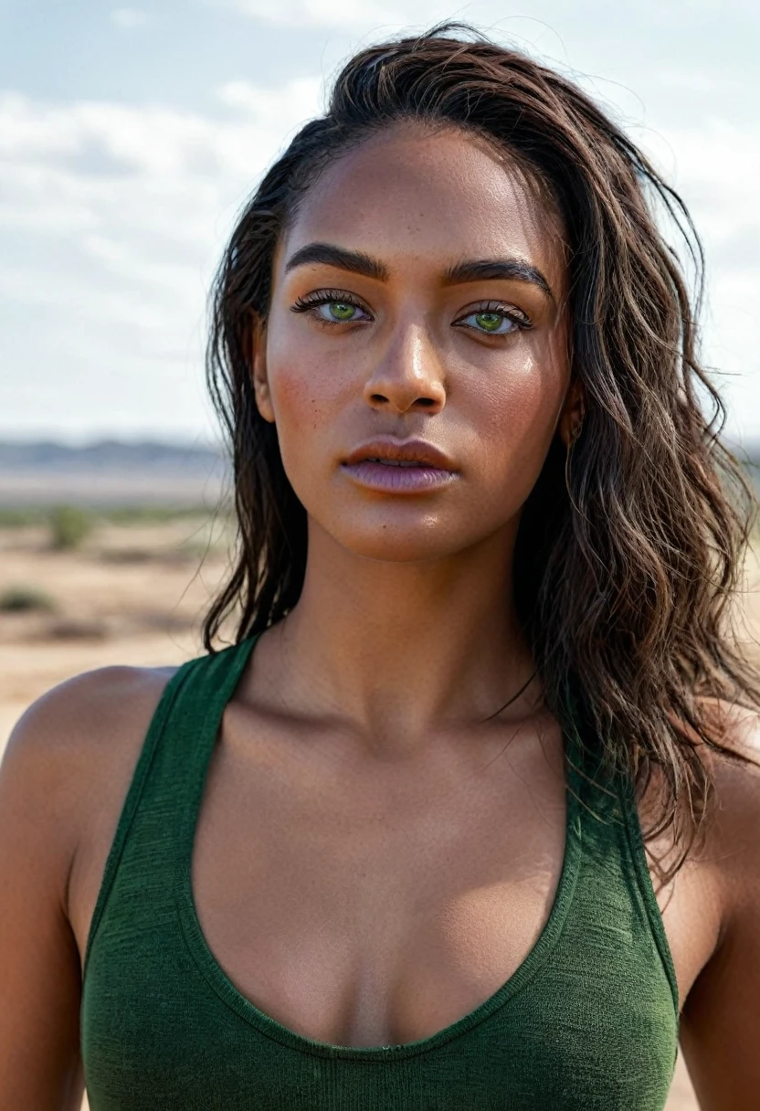 RAW photo, A woman in a crop top and a black blouse, perfect face, fine details, realistic shading, fierce expression, sweat on her face, 1 hyper-realistic real photo, frontal close-up, Completely Arafed woman with green eyes, head held high. of a strong, muscular woman, determined expression, fierce look, athletic build, confident pose, beautiful young black woman of 25 years old with voluminous dark skin with highlights, green eyes, beautiful green eyes, realistic and detailed, symmetrical, hyper-realistic green eyes (eyeliner, long and perfect choices, the nose is small and proportional to the face and the soft contour of the face that accentuates the high cheekbones, protective and defined lips, full lips, voluminous lips). The face is oval, with high cheekbones and a well-defined chin, a beautiful and detailed face. Skin tone: Olive skin, healthy and evenly glowing, with olive skin, specific skin texture, beautiful and shiny skin, intricate details, smooth skin, healthy and radiant appearance. Hourglass body, voluptuous body, slender woman, perfect body, a brunette goddess. 50mm lens, f/2.8, hdr, RAW photo (8K), high quality resolution 8K uhd, dslr, 2k, 4K, 8K, 16K. photographic photo photography, 800 for Kodak door, 35mm photography, film, bokeh, professional, 4K, highly detailed, an intimidating look, looking in front of the camera, look straight ahead, anger in her eyes, look of revenge on her face, a burning kingdom in the background, and blood smeared on his face, professional post-apocalyptic style photo set, incredibly detailed, intricate wasteland landscape background, (((Artwork))), maximum quality, 8K, Ultra high resolution, High contrast, Low saturation, (realistic:1.4), )), cyberpunk street clothing, grunge style, textured, distressed, edgy, dirty, noisy, street, point of view, face. Hyperrealistic sandy 8k 18+ dirty beautiful epic high resolution composition