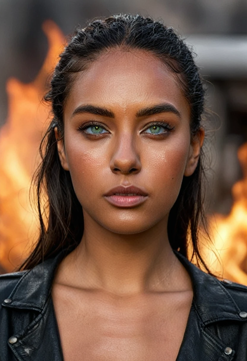 RAW photo, A woman in a crop top and a black blouse, perfect face, fine details, realistic shading, fierce expression, sweat on her face, 1 hyper-realistic real photo, frontal close-up, Completely Arafed woman with green eyes, head held high. of a strong, muscular woman, determined expression, fierce look, athletic build, confident pose, beautiful young black woman of 25 years old with voluminous dark skin with highlights, green eyes, beautiful green eyes, realistic and detailed, symmetrical, hyper-realistic green eyes (eyeliner, long and perfect choices, the nose is small and proportional to the face and the soft contour of the face that accentuates the high cheekbones, protective and defined lips, full lips, voluminous lips). The face is oval, with high cheekbones and a well-defined chin, a beautiful and detailed face. Skin tone: Olive skin, healthy and evenly glowing, with olive skin, specific skin texture, beautiful and shiny skin, intricate details, smooth skin, healthy and radiant appearance. Hourglass body, voluptuous body, slender woman, perfect body, a brunette goddess. 50mm lens, f/2.8, hdr, RAW photo (8K), high quality resolution 8K uhd, dslr, 2k, 4K, 8K, 16K. photographic photo photography, 800 for Kodak door, 35mm photography, film, bokeh, professional, 4K, highly detailed, an intimidating look, looking in front of the camera, look straight ahead, anger in her eyes, look of revenge on her face, a burning kingdom in the background, and blood smeared on his face, professional post-apocalyptic style photo set, incredibly detailed, intricate wasteland landscape background, (((Artwork))), maximum quality, 8K, Ultra high resolution, High contrast, Low saturation, (realistic:1.4), )), cyberpunk street clothing, grunge style, textured, distressed, edgy, dirty, noisy, street, point of view, face. Hyperrealistic sandy 8k 18+ dirty beautiful epic high resolution composition