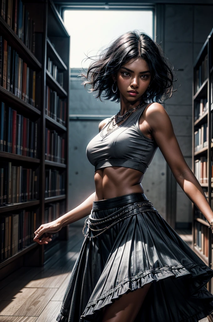 MariaCalavera, dark skin, black hair, short hair, silver eyes, t-shirt, skirt, cowboy shot, (dynamic pose), standing in library (volumetric lighting), intricate details, tonemapping, sharp focus, hyper detailed 