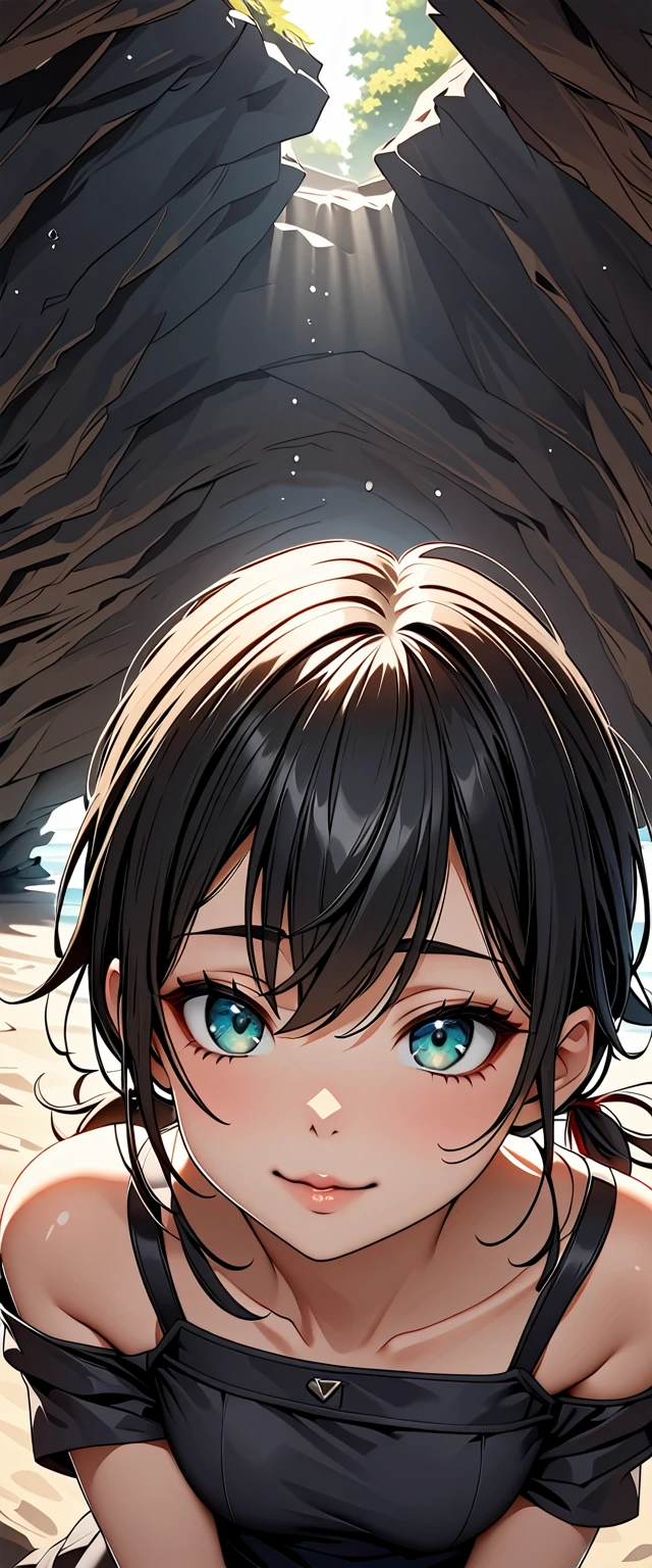 Photo of a woman with natural skin, Seaside cave, The light is shining in, Upper Body, Smiling, High Twintails, Black hair with red mesh, Sharp eyes with red eyeshadow, Blue-green eyes, Shining eyes, A thin, upturned nose, Well-shaped lips, ((Black off-the-shoulder dress, Thin shoulder straps)), barefoot, Makeup, Exquisitely crafted with the utmost attention to detail, Vibrant, amazing, Smooth, Cinematic, 4K, Backlight, (()), Shallow depth of field, ((Detailed eyes:1.3, Detailed lips:1.3, high quality, )), masterpiece, Super detailed images, High quality