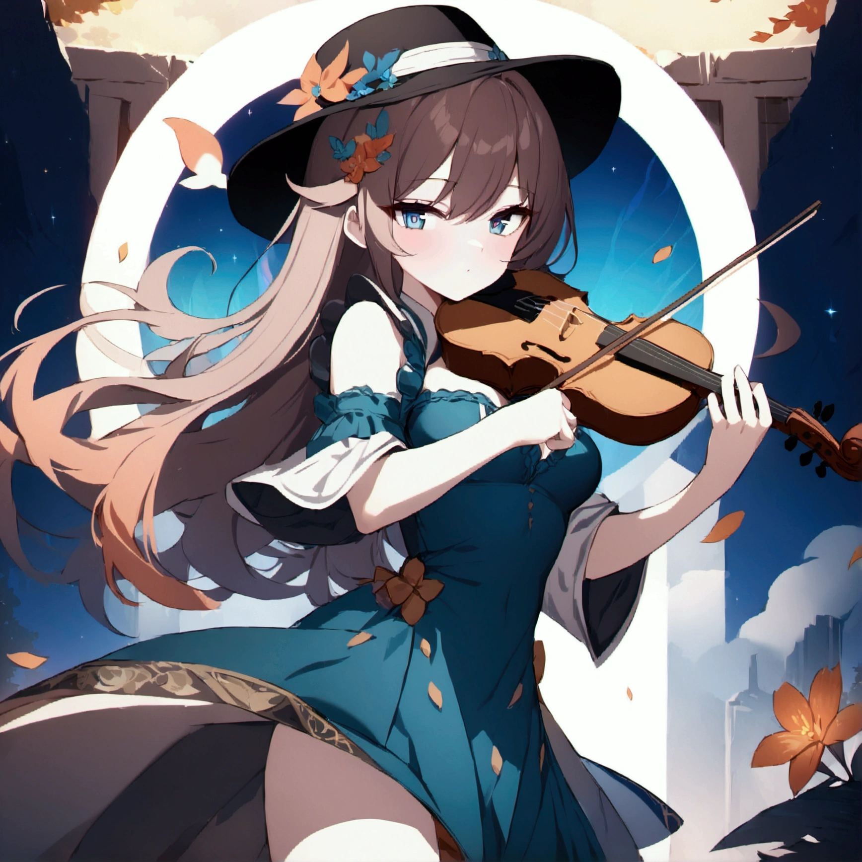 (1girl, Masterpiece, best quality) (detailed and beautiful eyes:1.6) (perfect hands, perfect anatomy) (full body) holding a violin, wearing a hat
