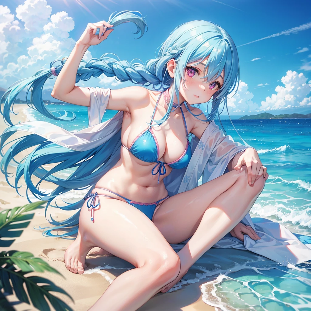 (Sky blue hair),(Braided hair tied together)、Pink eyes、Fair skin、(whole body)、(One Girl)、bikini、Shining white sand beach in midsummer、Okinawa&#39;s ocean、A happy smile、、(masterpiece、Highest quality、Very detailed、Best Shadow)、(Detailed Background)、(Beautifully detailed face)、High contrast、(Best lighting、Very delicate and beautiful)、((Cinematic Light))、colorful、Hyper Detail、Dramatic Light、Exquisite detail、Jumping and having fun