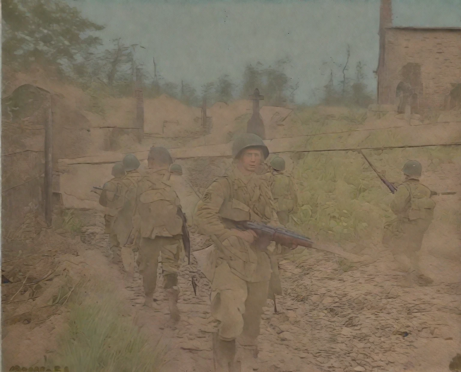 soldiers walking down a dirt road with a gun in their hand, award winning colorized photo, ww2 photo, a colorized photo, ww2 normandy foy arnhem 1944, ww 2 normandy foy arnhem 1 9 4 4, colorized photograph, colorized photo, ww2 historical photography, ww 2 historical photography, colourized, colorized, troops searching the area