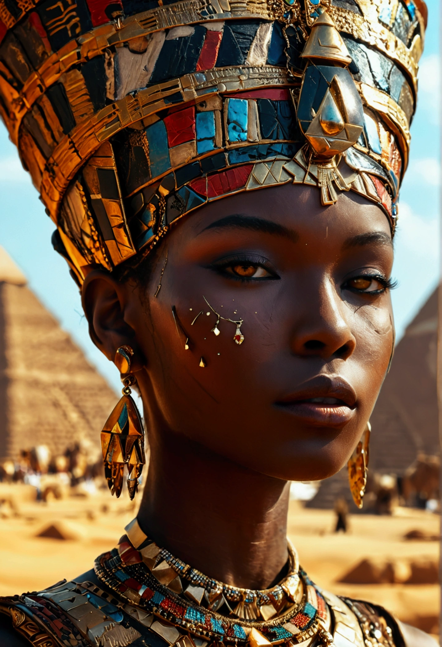 Queen of Kemet, black skin woman, lots of jewelry, in the background pyramids, surreal 8K, Perfect artwork, super detaill, best qualityer, 4K wallpaper aesthetic masterpiece, master part, award winning artwork, offcial art, cinematic lighting