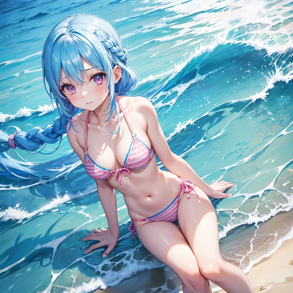 (Sky blue hair),(Braided hair tied together)、Pink eyes、Fair skin、(whole body)、(One Girl)、bikini、Shining white sand beach in midsummer、Okinawa's ocean、A happy smile、、(masterpiece、Highest quality、Very detailed、Best Shadow)、(Detailed Background)、(Beautifully detailed face)、High contrast、(Best lighting、Very delicate and beautiful)、((Cinematic Light))、colorful、Hyper Detail、Dramatic Light、Exquisite detail、Jumping and having fun