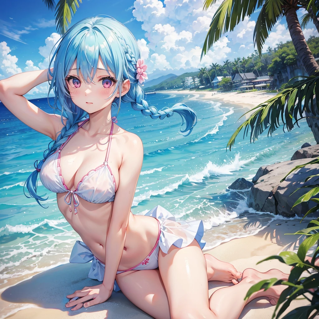 (Sky blue hair),(Braided hair tied together)、Pink eyes、Fair skin、(whole body)、(One Girl)、bikini、Shining white sand beach in midsummer、Okinawa&#39;s ocean、A happy smile、、(masterpiece、Highest quality、Very detailed、Best Shadow)、(Detailed Background)、(Beautifully detailed face)、High contrast、(Best lighting、Very delicate and beautiful)、((Cinematic Light))、colorful、Hyper Detail、Dramatic Light、Exquisite detail、Jumping and having fun