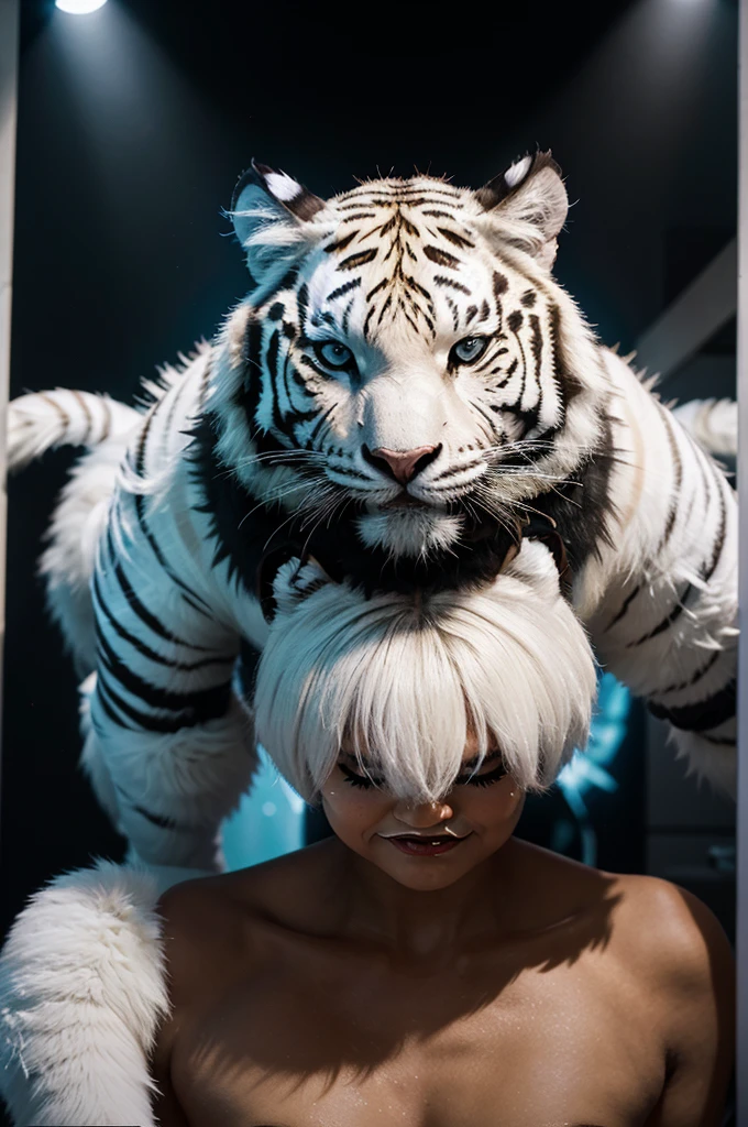 Design a living 3D game logo: fierce white tiger monster with charming light. Place “NIGHT BUMBAGS” in bold white in the center, radiates intensity, and position “LETING 2024” below for a radiant touch.