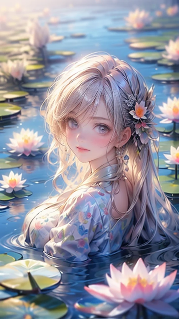 multiple exposure, masterpiece:1.2, highest quality, 16k, highres, ultra-realistic, photorealistic:1.37, beautiful detailed:1.2, cute girl, standing on a bridge spanning a water lilies pond, jet black long straight hair, blunt bangs, pond(colorful water lilies, full of water lilies), beautiful delicate elegant kimono with a water lilies motif, Beautiful and elegant pose, gently smile, beautiful delicate(hair, face, long eyelash, eyes, pupils, lips, kimono, water lilies, pond), sparkling eyes, shining rosy lips, blushed cheek, through bangs