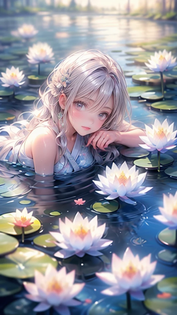 multiple exposure, masterpiece:1.2, highest quality, 16k, highres, ultra-realistic, photorealistic:1.37, beautiful detailed:1.2, cute girl, standing on a bridge spanning a water lilies pond, jet black long straight hair, blunt bangs, pond(colorful water lilies, full of water lilies), beautiful delicate elegant kimono with a water lilies motif, Beautiful and elegant pose, gently smile, beautiful delicate(hair, face, long eyelash, eyes, pupils, lips, kimono, water lilies, pond), sparkling eyes, shining rosy lips, blushed cheek, through bangs