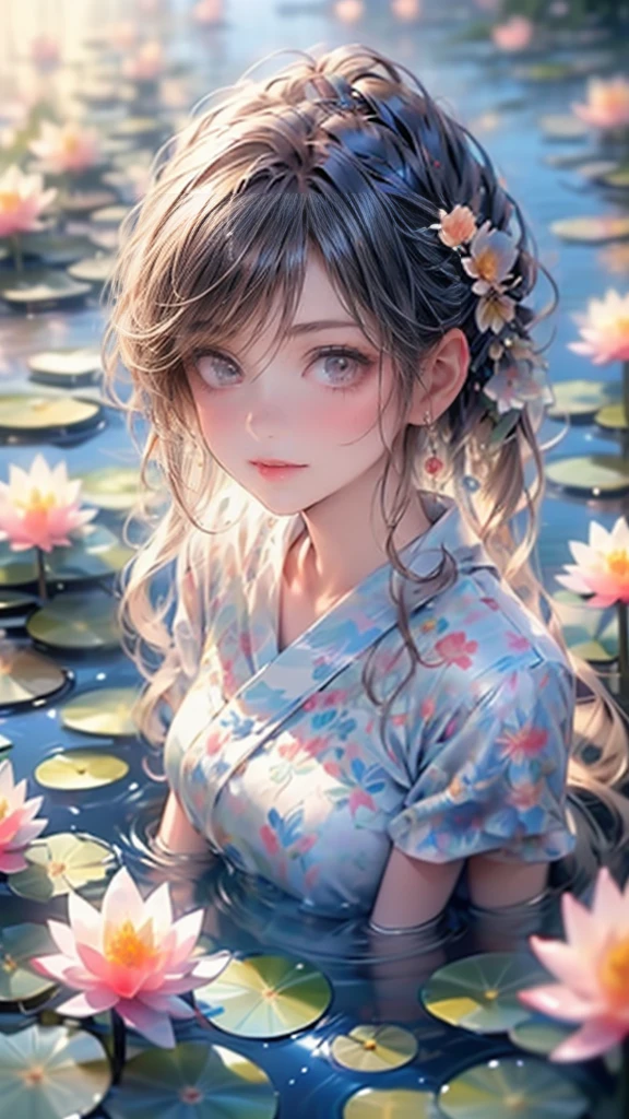 multiple exposure, masterpiece:1.2, highest quality, 16k, highres, ultra-realistic, photorealistic:1.37, beautiful detailed:1.2, cute girl, standing on a bridge spanning a water lilies pond, jet black long straight hair, blunt bangs, pond(colorful water lilies, full of water lilies), beautiful delicate elegant kimono with a water lilies motif, Beautiful and elegant pose, gently smile, beautiful delicate(hair, face, long eyelash, eyes, pupils, lips, kimono, water lilies, pond), sparkling eyes, shining rosy lips, blushed cheek, through bangs