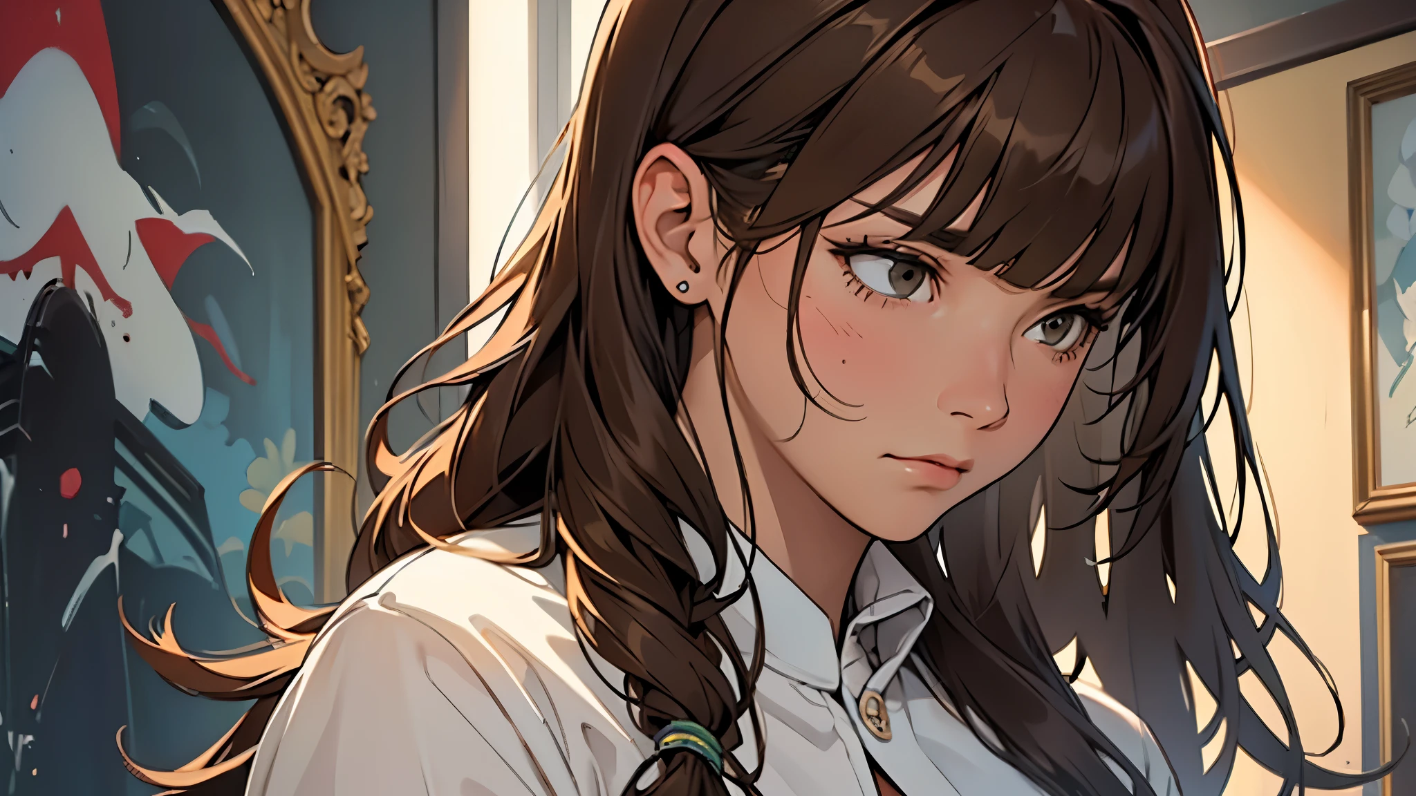 ((best quality)), ((work of art)), ((detailed)), woman, long brown hair with bangs, sad expression