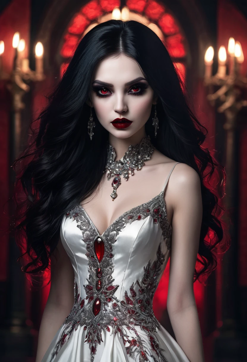 Arafed, dark fantasy art, goth art, full body shot, a beautiful female vampire wearing a (blood stained white evening dress: 1.5), an extremely beautiful female vampire, ultra detailed face, black hair, long hair, wavy hair, dark glamour make up, pale skin, red lips, glowing red eyes, visible vampiric fangs, she wears a ((white evening dress: 1.5)), elegant, intricate detailed dress, silk dress, small cleavage, ((dress is decorated with crystals: 1.4)), she wears elegant knee high heeled boots, exquisite knee high heeled boots, there are stains of blood on the upper part of the dress, dynamic background