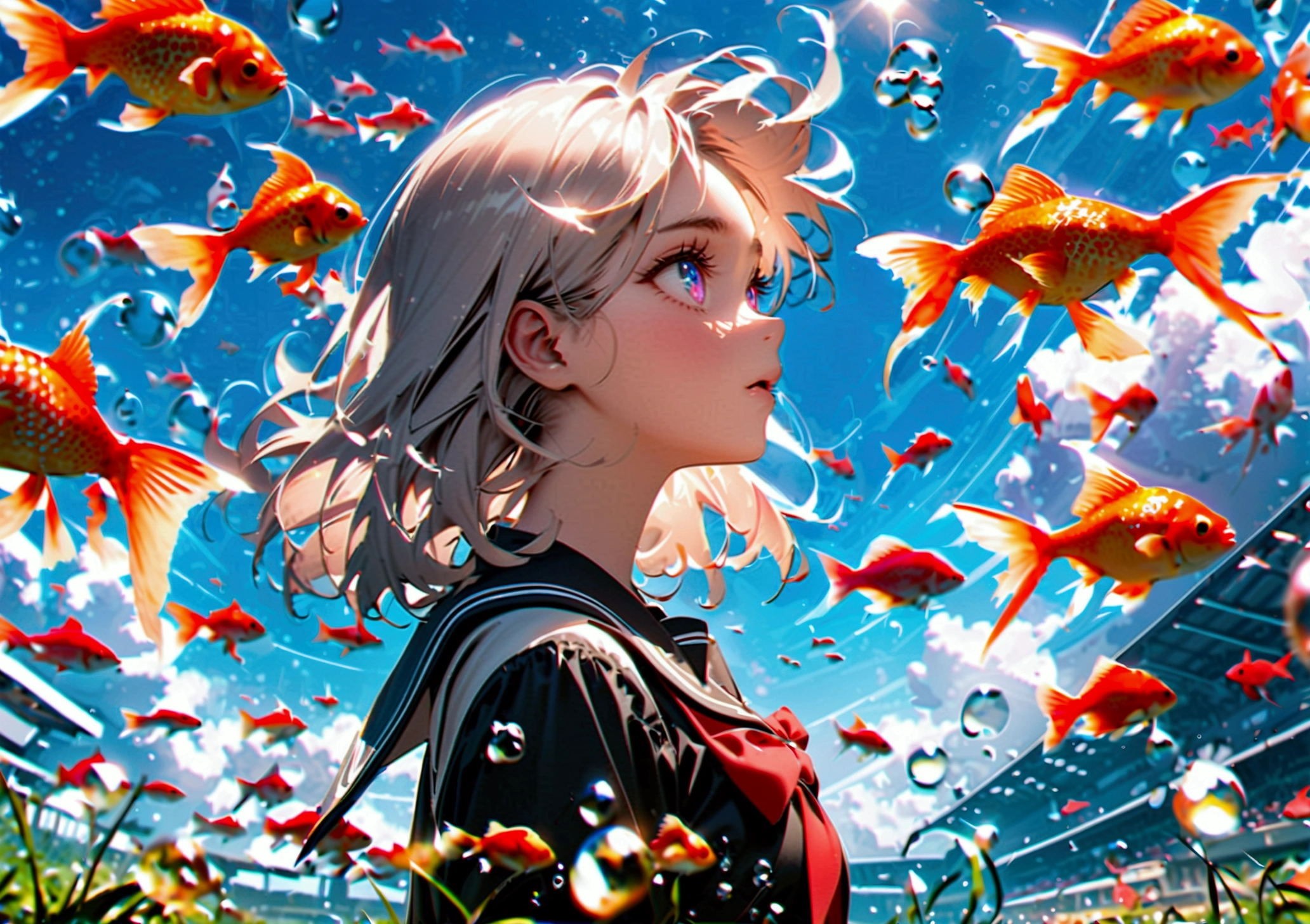 (female\(student, , JK, short hair, silver hair, floating hair, cosmic colored eyes, black color sailor uniform\(of high school\), pale skin, tired face, no shine in the eyes\) is looking up at the sky), (so many goldfish are swimming in the air), beautiful sky, beautiful clouds, summery colorful flowers are blooming here and there, (crystal clear bubbles are shining prism here and there in the sky), the noonday moon and noonday stars in the sky, female is at messy downtown, BREAK ,quality\(8k,wallpaper of extremely detailed CG unit, ​masterpiece,hight resolution,top-quality,top-quality real texture skin,hyper realisitic,increase the resolution,RAW photos,best qualtiy,highly detailed,the wallpaper,cinematic lighting,ray trace,golden ratio\),(long shot),wide shot,