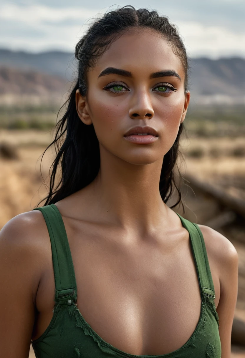 RAW photo, A woman in a crop top and a black blouse, perfect face, fine details, realistic shading, fierce expression, sweat on her face, 1 hyper-realistic real photo, frontal close-up, Completely Arafed woman with green eyes, head held high. of a strong, muscular woman, determined expression, fierce look, athletic build, confident pose, beautiful young black woman of 25 years old with voluminous dark skin with highlights, green eyes, beautiful green eyes, realistic and detailed, symmetrical, hyper-realistic green eyes (eyeliner, long and perfect choices, the nose is small and proportional to the face and the soft contour of the face that accentuates the high cheekbones, protective and defined lips, full lips, voluminous lips). The face is oval, with high cheekbones and a well-defined chin, a beautiful and detailed face. Skin tone: Olive skin, healthy and evenly glowing, with olive skin, specific skin texture, beautiful and shiny skin, intricate details, smooth skin, healthy and radiant appearance. Hourglass body, voluptuous body, slender woman, perfect body, a brunette goddess. 50mm lens, f/2.8, hdr, RAW photo (8K), high quality resolution 8K uhd, dslr, 2k, 4K, 8K, 16K. photographic photo photography, 800 for Kodak door, 35mm photography, film, bokeh, professional, 4K, highly detailed, an intimidating look, looking in front of the camera, look straight ahead, anger in her eyes, look of revenge on her face, a burning kingdom in the background, and blood smeared on his face, professional post-apocalyptic style photo set, incredibly detailed, intricate wasteland landscape background, (((Artwork))), maximum quality, 8K, Ultra high resolution, High contrast, Low saturation, (realistic:1.4), )), cyberpunk street clothing, grunge style, textured, distressed, edgy, dirty, noisy, street, point of view, face. Hyperrealistic sandy 8k 18+ dirty beautiful epic high resolution composition
