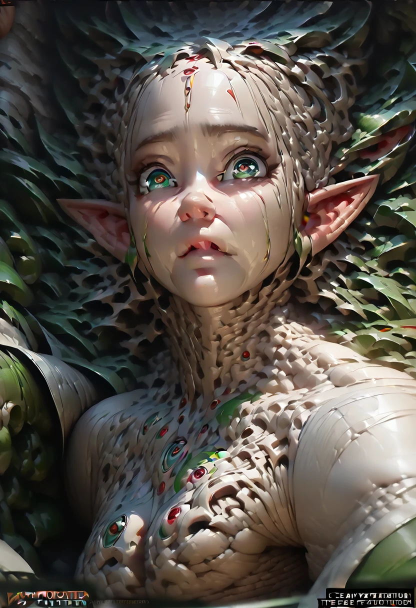 (elf with anatomical body parts), tattooed body, wo braid hair, wearing elf dress, cute face , big beautiful green eyes, full body, (hyper detailed eyes, hyper detailed face), 16k, 8k, RAW photo, best quality, masterpiece, high detail RAW color photo, dramatic lighting, cinematic lighting, back light, professional lighting