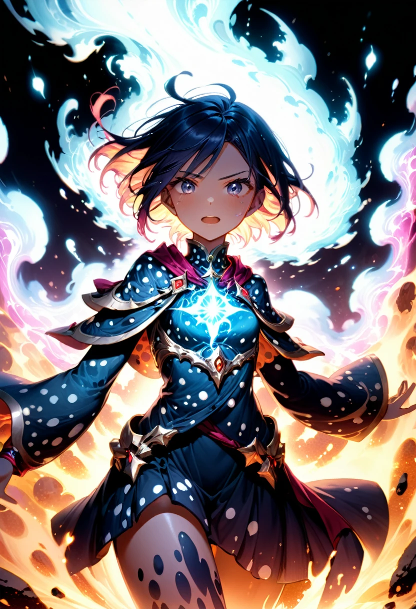 a terrain-based female with spotted skin, shimmering clothes, and a notable aura, she has an engraved, iconic trinket that shines, set against a vapor and sharp characters, illustrate her with an impassioned, upward-looking expression, amidst an arcane, richly hued, and distorted scene