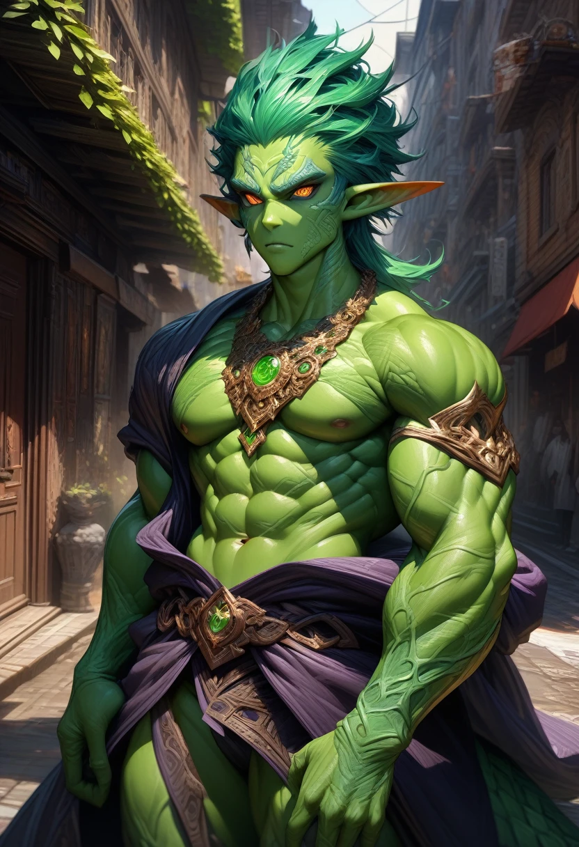 Trends on ArtStation, Clear focus, studio photo, Complicated details, The is very detailed, Detailed eyes, illustratio, The is very detailed, Clear focus, A digital rendering, professinal, 4K (((intricate design))) (((top quality))) (((16K))) (((High Definition))) 16K splash art (((photorealistic))) high-res, ultra sharp, ((masterpiece)), ultra-realistic, the best quality, expressive eyes, perfect face, mesmerising eyes, perfectly detailed anatomy (((Volumetric lighting))) (((natural lights))) (((SUNNY))) (((1Male))) (((Bodybuilder))), (((muscular))), (((hyper pecs))) there is a sexy mature man with green paint on his body, slick shaved sides hairstyle, ((thighs)) bodily fluids, round butt, green coloured skin, gay, green skin! (((green coloured skin!!))), (((green skin))). (((green-skinned))), ((( off the shoulder elegant robes))) ((green skin with scales)), ((green skin)), windy, (((in a city))), (((greenish skin))) plantation on the male body, fluorescent green skin, radiant orange eyes, windy, leaves falling (((a powerful nature deity))), elf ears, druid magic, cell-shaded adult animation, green gem necklace, hot reptile muscular humanoid man, scales, muscular green body. Glowing veins, nature spirit, long sash, (((in a dark alleyway))) heroic pose, confident expression, green nature magic,