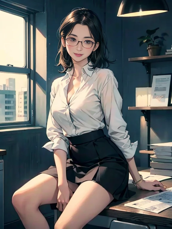 Browsing Caution, アニメ、Attractive office lady,28 years old,Black Hair,Medium Hair,Brown eyes,Highest quality、Unity 8k wallpaper、32k、masterpiece、Ultra-detailed、Ultra-high resolution、Natural Light、(Very detailed and complex)、Beautiful face and eyes in every detail、Sharp pupils、smile、High heels、Woman in skirt and shirt sitting on the desk, office服, on the desk, Sit at a desk, Sitting at a desk,Bent knees、Spread your legs、Spread your legs、Panty shot、 Business casual attire, Sexy、Business Attire,office, At work, Wearing glasses, Fully clothed, business attire, Embarrassing, smile、business suit、Cleavage、Sexyダイナミックアングル