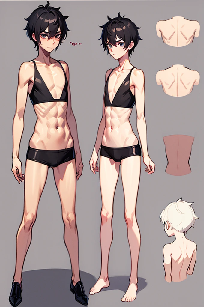 male character design sheet, short twink feminen boy, wearing , black straight short hair, reserved and introspective