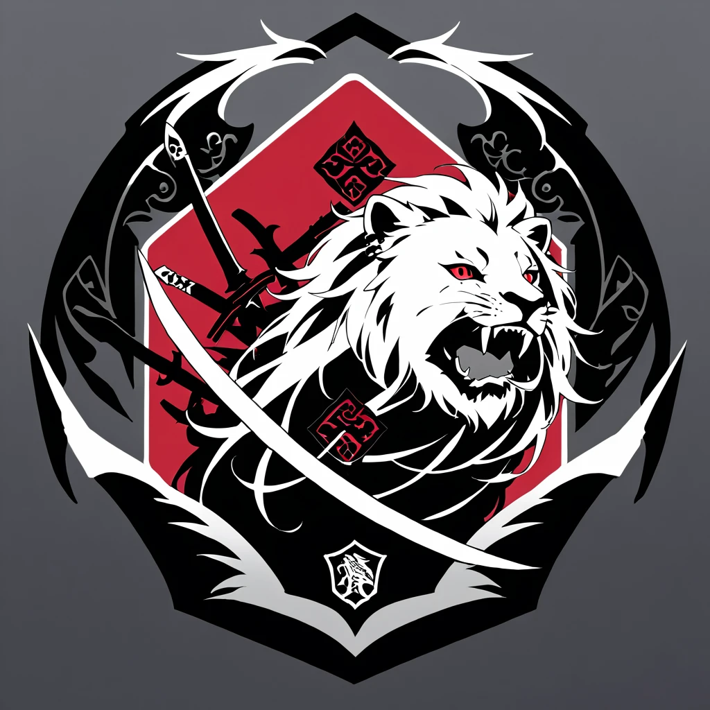 no words, badge, oriental, logo, badge, family crest, a lion-like creature, in red, black and white. Two swords pierce from inside her mouth and come out through her head. The beast displays a menacing look with crossed swords entering its mouth and piercing its head. two swords, two swords penetrating the creature. Badge of clan, icon, logo, simple background
red color, black color