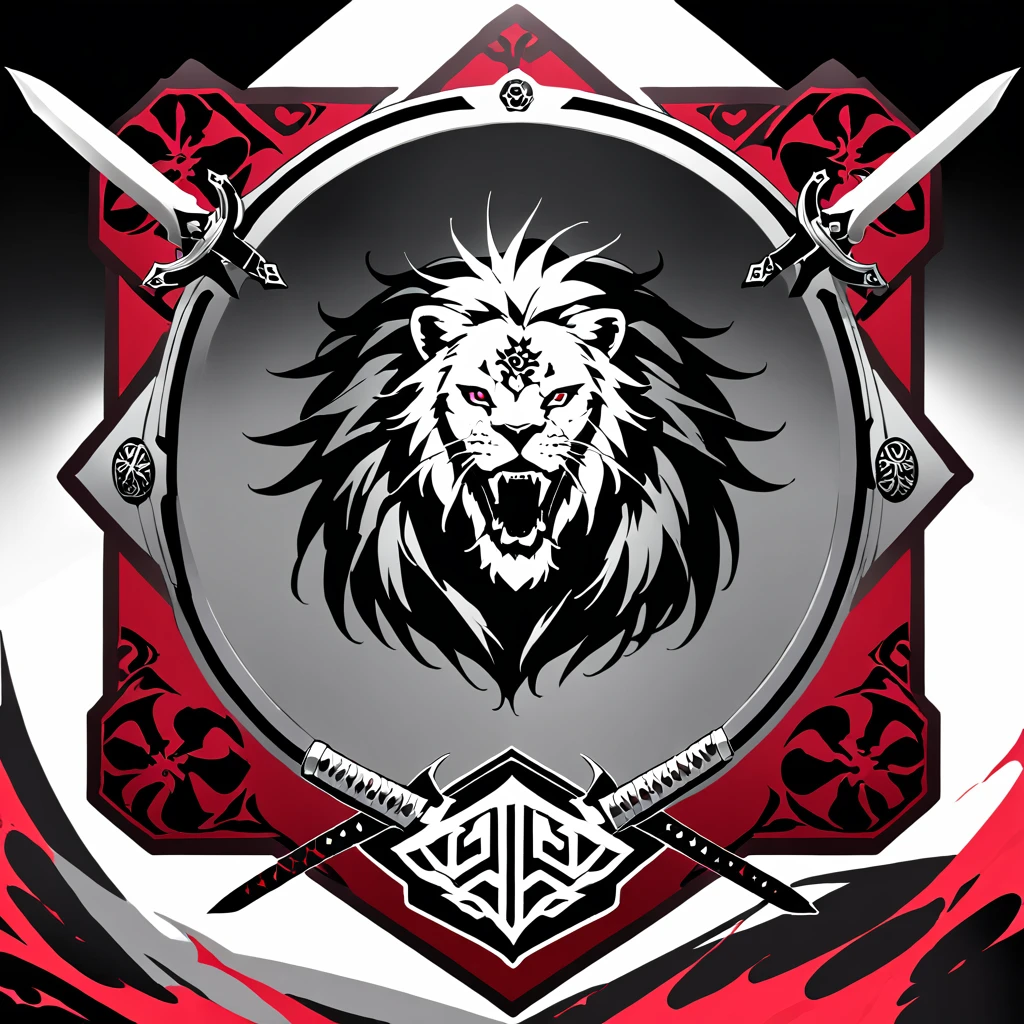 no words, badge, oriental, logo, badge, family crest, a lion-like creature, in red, black and white. Two swords pierce from inside her mouth and come out through her head. The beast displays a menacing look with crossed swords entering its mouth and piercing its head. two swords, two swords penetrating the creature. Badge of clan, icon, logo, simple background
red color, black color