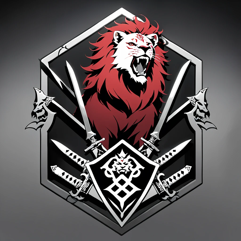 no words, badge, oriental, logo, badge, family crest, a lion-like creature, in red, black and white. Two swords pierce from inside her mouth and come out through her head. The beast displays a menacing look with crossed swords entering its mouth and piercing its head. two swords, two swords penetrating the creature. Badge of clan, icon, logo, simple background
red color, black color