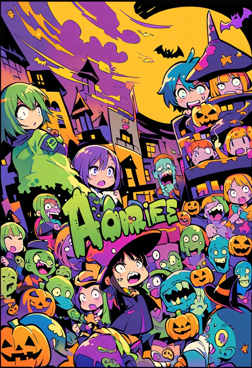 HALLOWEEN, boys and girls, funny horror sleeved, colored, sleeved, zombies, sleeved page dinâmic, boys and girls, sleeved shonen, sleeved panels, sleeved full page, sleeved art, sleeved shonen halloween