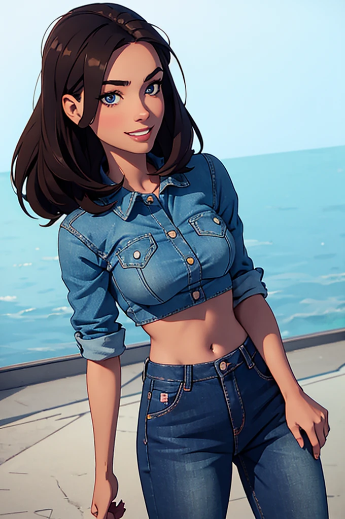 cartoon, tall, western facial features, Gorgeous and sultry busty, happy, dark long brunette, straight hair, sharp facial features, big smile, white teeth, slim athletic, large breasts and a long face, dark blue ripped jeans, ice hockey shirt. One character only