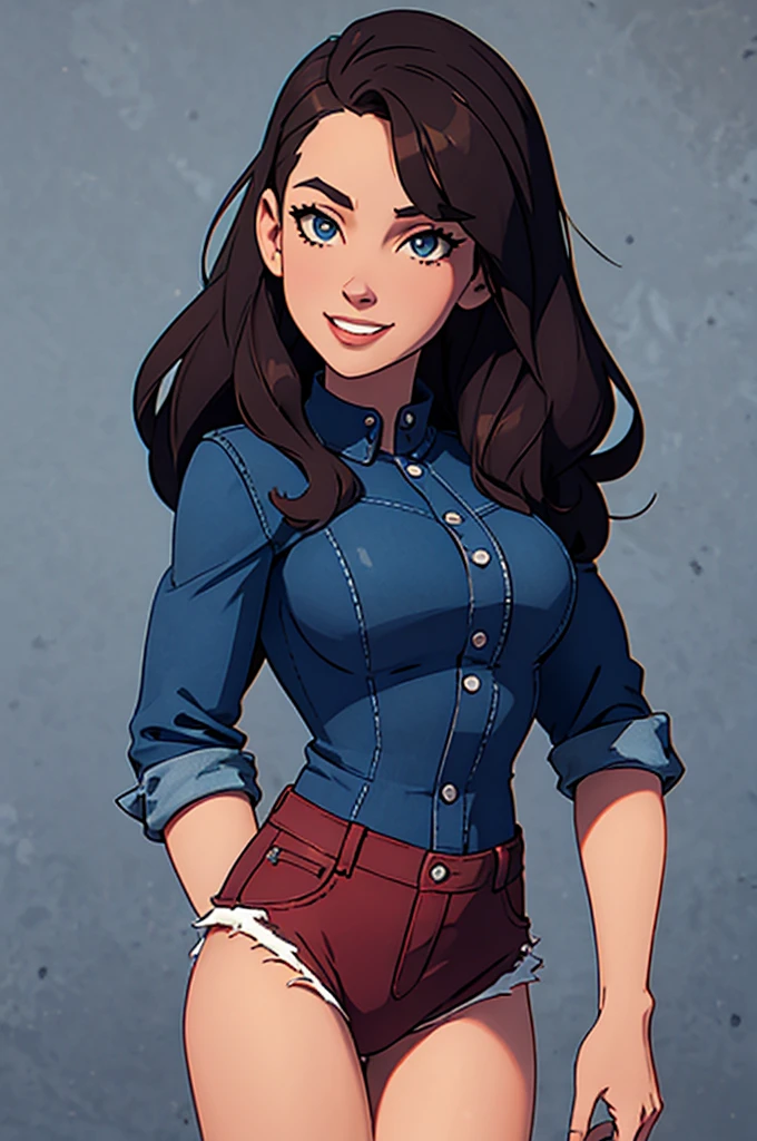 cartoon, tall, western facial features, Gorgeous and sultry busty, happy, dark long brunette, straight hair, sharp facial features, big smile, white teeth, slim athletic, large breasts and a long face, dark blue ripped jeans, ice hockey shirt. One character only