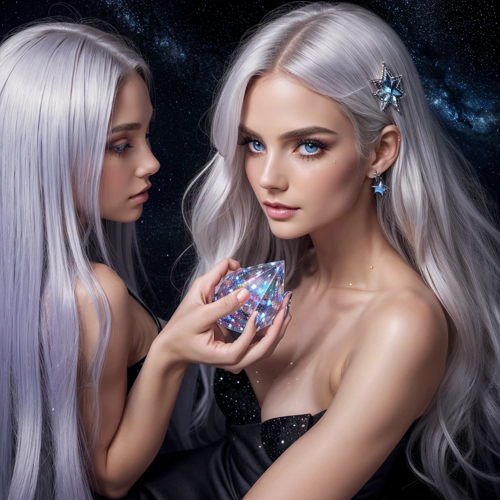 {-erro_de_anatomia:1.0} masterpiece, highest quality, (perfect face:1.1, (high detail)1.1, sweet stardust vampire , long soft white hair, opal eyes, perfectly drawn face, black dress, stars detailed background, prismatic lighting, glitter, whole bod., Very sexy, kneeling holding a crystal star in her hands, backwards, looking back