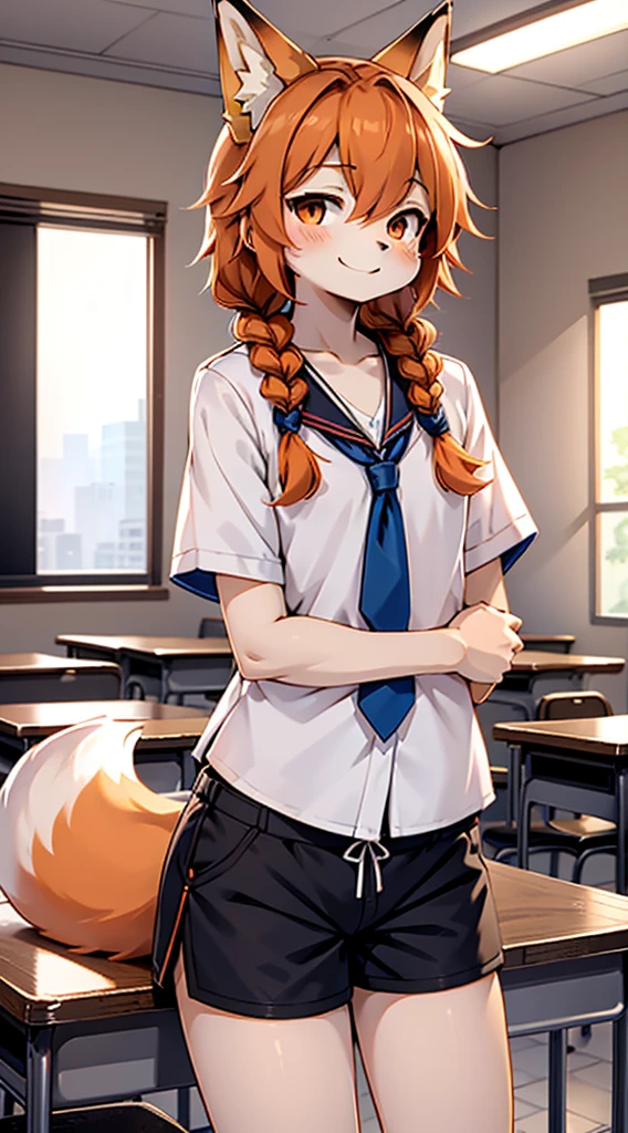 Japanese style high school shirt,cute男孩子,furry,furry,hairy,furry,hairy,furry,Body hair,Hair covers the whole body,Gentle smile,shota,Anthropomorphic Fox,Fox Girl,小braid,braid,cute,Orange hair,Orange hair all over body,Orange hair all over body,Japanese school uniform shirt,shorts,shorts,Short boy,Slim figure,Classroom Background,Indoor background,Campus style,individual,individual,individual,Q version style,American anime style,femboy,femboy,Oval face