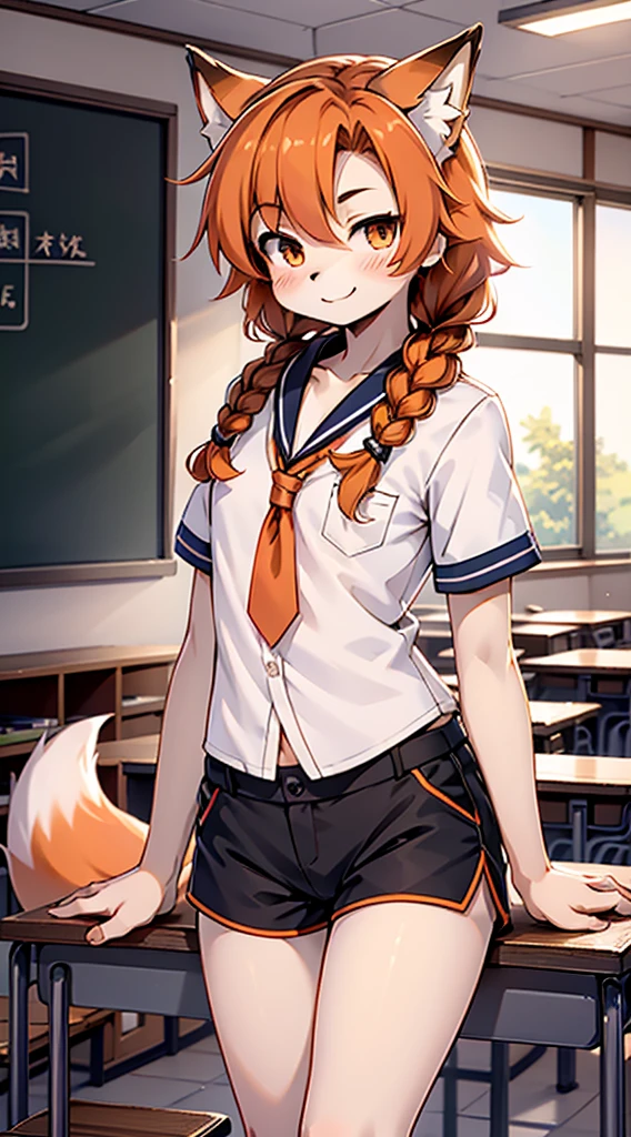 Japanese style high school shirt，cute男孩子，furry，furry，hairy，furry，hairy，furry，Body hair，Hair covers the whole body，Gentle smile，shota，Anthropomorphic Fox，Fox Girl，小braid，braid，cute，Orange hair，Orange hair all over body，Orange hair all over body，Japanese school uniform shirt，shorts，shorts，Short boy，Slim figure，Classroom Background，Indoor background，Campus style，individual，individual，individual，Q version style，American anime style，femboy，femboy，Oval face