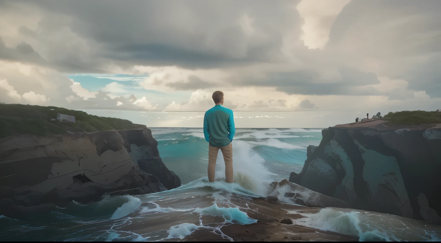 Young man with his back on a cliff where the waves and a big storm hit hard, the sky is beautiful turquoise